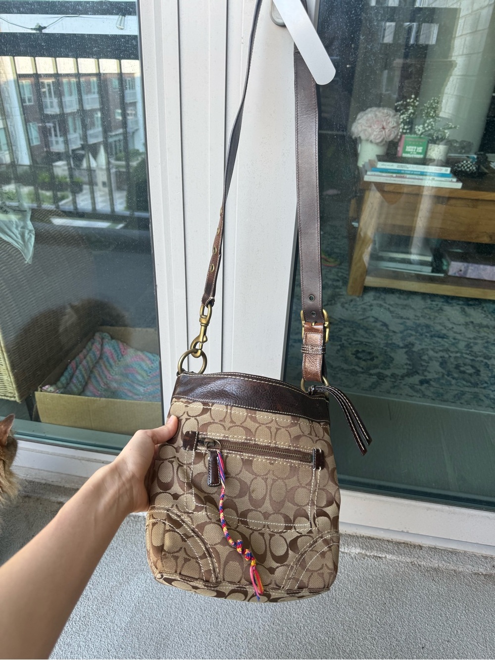 Coach Beige and Brown Signature Crossbody Bag with Tassel